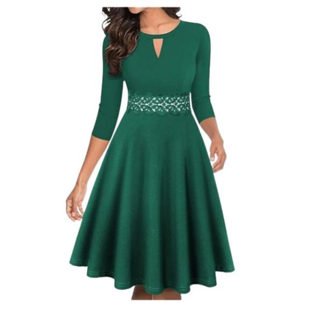 NEW- OWIN 3/4 Sleeve Green Lace Flared A-Line Swing Dress- Women's L